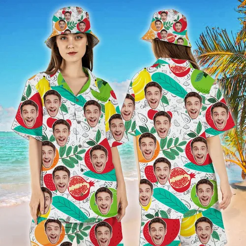 Miniatura 2 de Personalized Custom Face Tropical Unisex Hawaiian Shirt and Shorts Set with Bucket Hat S-5XL
