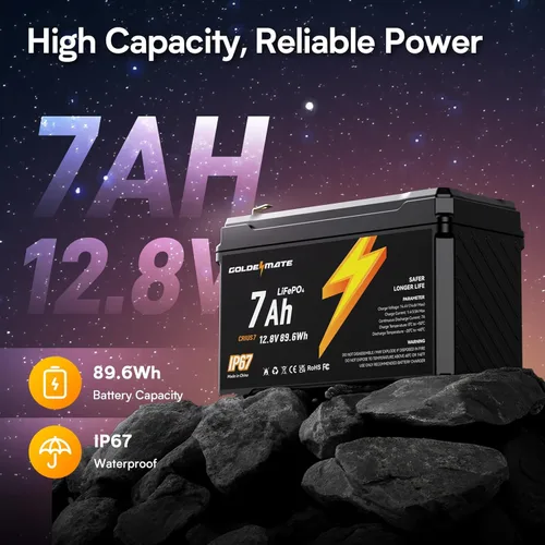 Miniatura 2 de GOLDENMATE Batería de ciclo profundo LiFePO4 de litio de 12 V 7 Ah, más de 5000 ciclos, batería de fosfato de hierro de litio impermeable IP67, BMS
