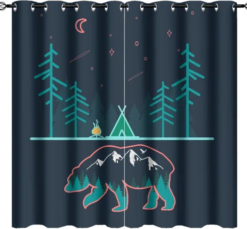 Miniatura 34 de Cortinas abstractas con estampado de cámper de caricaturas, divertido tema de aventura, campamento, montañas, vida silvestre, oso, tratamiento