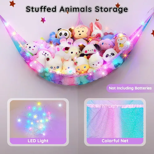Miniatura 3 de Unicorn Castle Hamaca de red para animales de peluche, almacenamiento de juguetes para niños con luz LED, organizador de juguetes de felpa