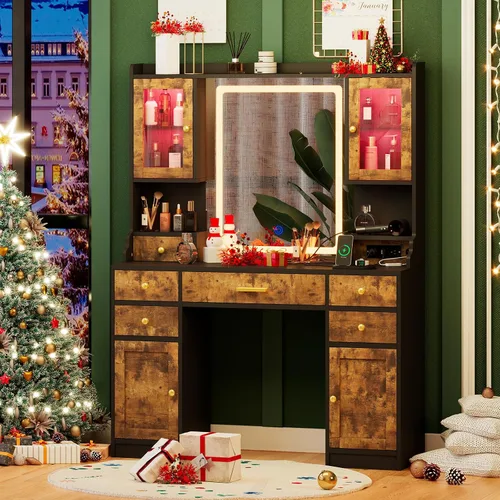 Miniatura 6 de Mesa de tocador con espejo LED y estantes organizadores de maquillaje giratorios 360, tocador de maquillaje blanco con luces y estación de carga