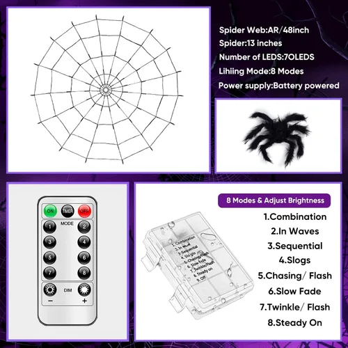 Miniatura 5 de LCHUANG Decoraciones de Halloween con luces de telaraña – 2 piezas de telaraña iluminadas, 4 pies de diámetro, 70 LED con araña negra, impermeable
