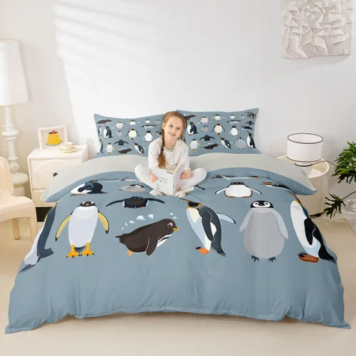 Miniatura 2 de Erosebridal Juego de ropa de cama de pingüinos, funda de edredón de animales antárticos para niños y niñas, funda de edredón estilo caricatura