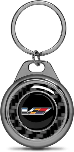 iPick Image Llavero con caja de metal Roundel con logotipo de Cadillac V, color negro real, de fibra de carbono, con licencia oficial, Negro -