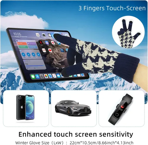 Miniatura 4 de Conjunto de gorro de invierno cálido para mujer, bufanda larga, guantes para pantalla táctil, clásico a cuadros, de punto calavera, bufandas