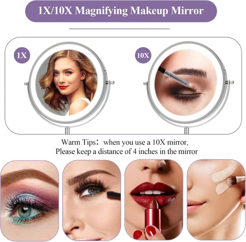 Miniatura 3 de 8" Makeup Mirror with Lights, 1X/10X Lighted Vanity Mirror with Magnification, 3 Color Adjustable Brightness, 360° Rotating Dual-Side, USB