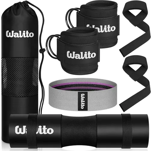 WALITO 8Pcs Barbell Pad Set for Hip Thrust - Squat Pad,Gym Accessories for Women with Bar Bad,Bench Press, with Gym Ankle Straps,Resistance Bands