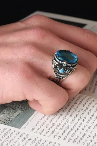 Miniatura 4 de BayVog 925 Sterling Silver Blue Topaz Gemstone Men's Silver Ring, Handmade Engraved Man Silver Ring gifts for men handmade rings valentines day