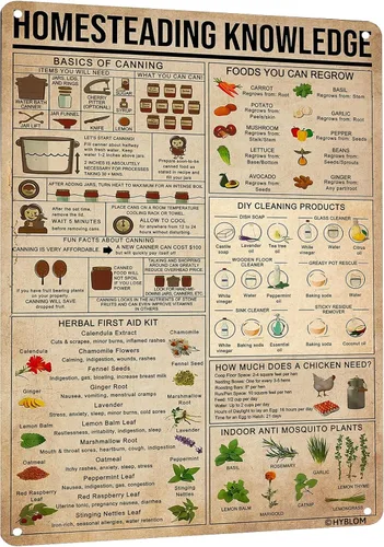 HYBLOM Póster vintage de Homesteading Knowledge Basics of Canning Metal Tin Sign – Decoración de pared de cocina rústica, regalo de chef y