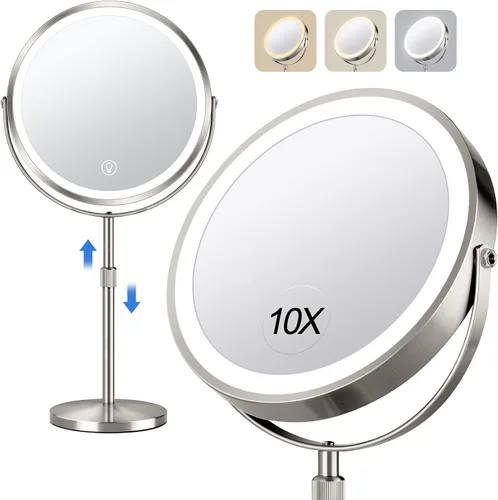 Miniatura 9 de UBYMET Espejo de maquillaje iluminado, altura ajustable, doble cara, aumento 1x/10x con 3 colores, brillo ajustable, rotación de 360°, regalo