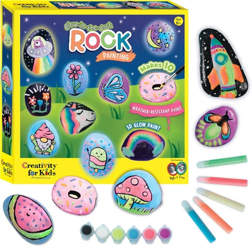 Creativity for Kids Kit de pintura de roca que brilla en la oscuridad | Pinta y decora 10 rocas con colores vibrantes y acentos que brillan en la