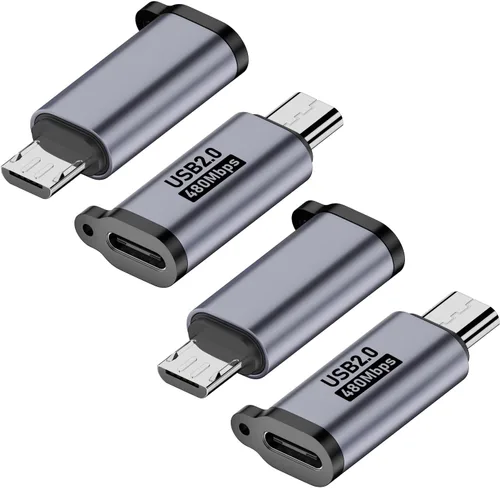 AreMe Adaptador micro USB 2.0 a USB C (paquete de 4), USB tipo C hembra a micro USB macho, conector convertidor compatible con sincronización de