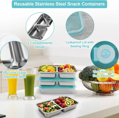 Miniatura 2 de Recipientes reutilizables de acero inoxidable con tapas, contenedores de doble compartimento para aperitivos, recipientes pequeños para condimentos