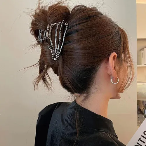 Miniatura 6 de Pinzas para el cabello de Halloween, pinzas de metal con diseño de calavera, pinzas de mano de aleación negra, pinzas de pelo medianas con diseño