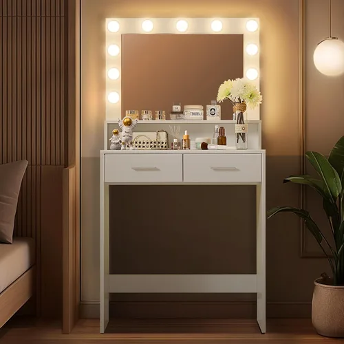Miniatura 6 de MIRROTOWEL Escritorio de tocador con espejo y luces, tocador con cajón grande, cómoda de almacenamiento de 2 niveles y 3 modos de iluminación