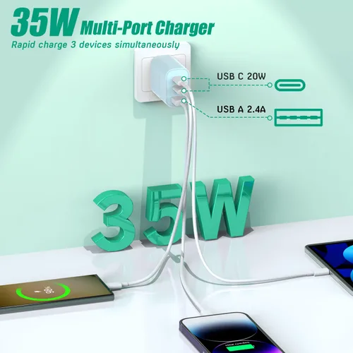 Miniatura 2 de Paquete de 2 bloques de cargador para iPhone 17, bloque de cargador USB C de 35 W y 3 puertos de carga rápida, enchufe de pared multipuerto USB C
