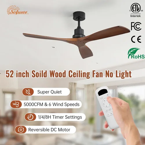 Miniatura 5 de Sofucor - Ventilador de techo de 52 pulgadas sin luces, moderno, de madera maciza, con control remoto, 5000 CFM de alto flujo de aire, motor CC