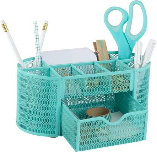 BLU MONACO Organizador de escritorio Aqua | Soporte de metal para papelería con cajón y ocho compartimentos | Almacenamiento de escritorio para