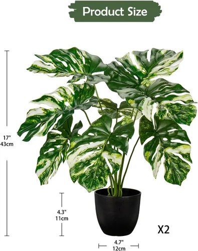 Miniatura 2 de Hollyone Planta artificial Monstera Deliciosa de 17 pulgadas en maceta negra, planta tropical falsa de queso suizo en maceta para interiores