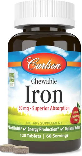 Carlson - Hierro masticable, 30 mg, absorción superior, salud de la sangre, producción de energía y bienestar óptimo, suplemento de hierro