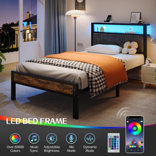 Miniatura 6 de Liians Base de cama de plataforma de tamaño individual con luces LED, cabecera tapizada gris con estantes de almacenamiento de 2 niveles, estación