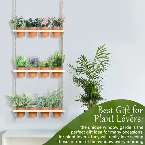 Miniatura 7 de FillTouch Macetas colgantes de hierbas de 3 niveles para colgar en la pared de jardín de hierbas con 12 piezas de maceta vertical de madera