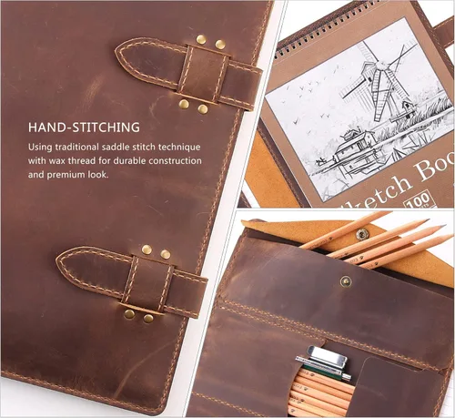 Miniatura 4 de Robrasim Funda de Cuero para Cuaderno de Bocetos Hecha a Mano, Soporte para Bloc de Bocetos de Artista para Cuaderno de Bocetos de 9 x 12 pulgadas