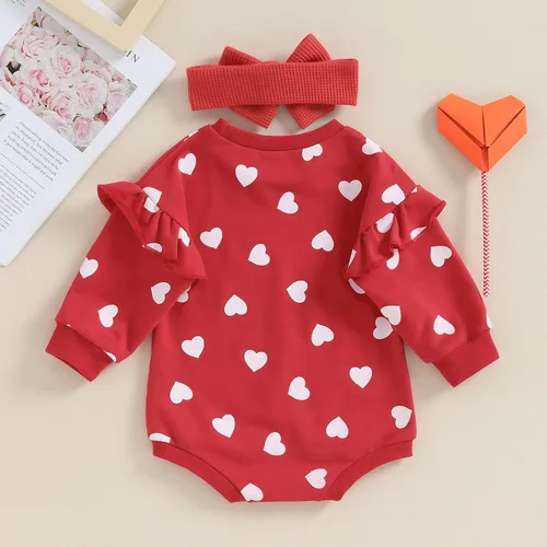 Miniatura 45 de SOLILOQUY Traje de manga larga con cuello redondo para el primer día de San Valentín para bebé niño y niña, mameluco de corazón de amor