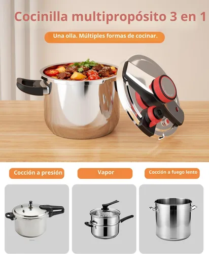 Miniatura 5 de Olla a presión de acero inoxidable de 5.3 cuartos de galón, olla a presión pequeña con tapa de bloqueo con una mano, sistema de seguridad de doble