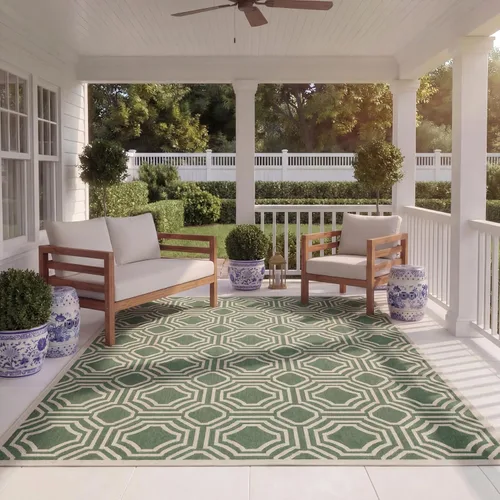 Miniatura 13 de SAFAVIEH Alfombra lavable para exteriores, colección Patio de 2.3 x 6.7 pies, beige y azul marino, no desprende pelusa y es fácil de limpiar, ideal