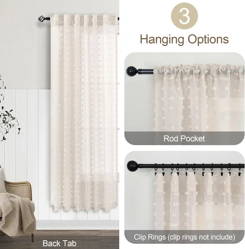 Miniatura 6 de Cortinas Beige Semitransparentes de 63 Pulgadas de Largo para Dormitorio, Sala de Estar, Guardería Infantil, Ventana con Diseño de Pompón