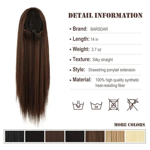 Miniatura 5 de Barsdar Extensión de cola de caballo marrón oscuro - Extensiones de cola de caballo cortas y rectas de 14 pulgadas con cordón para mujeres