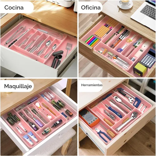 Miniatura 8 de ukeetap Organizador de cubiertos expandible extragrande, sin BPA, apto para alimentos, organizador de cajones de utensilios de cocina, soporte Rosa