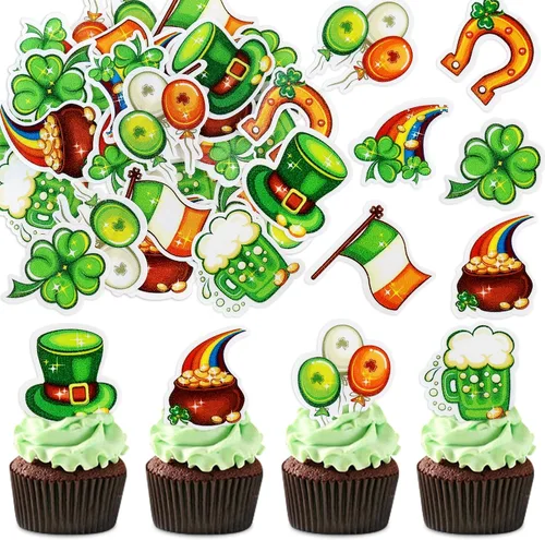 Miniatura 17 de Juego de 1 palillos para tartas de trébol, decoración de trébol con purpurina verde dorada para cumpleaños, baby shower, suministros de fiesta