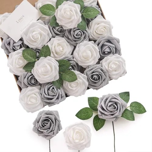 Miniatura 55 de Ling’s Moment - Flores Artificiales, 50 piezas, Rosas Verde Pavo Real con Tallos, 3" de Tacto Real, Espuma DIY para Ramilletes de Boda/Centros