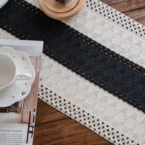Miniatura 7 de Camino de mesa de macramé, color beige crema y negro, bohemio, con borlas, de algodón, tejido a mano, rústico, rural, para mesa de cocina y comedor