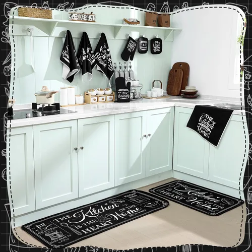 Miniatura 7 de Fourluoo Juego de 10 piezas de decoración y accesorios de cocina de granja, 4 toallas de cocina, 2 soportes para ollas, 2 guantes de horno, 2 Negro