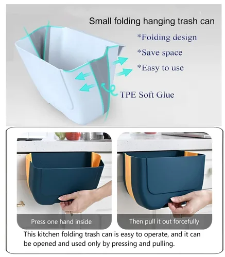Miniatura 3 de Minipapelera plegable para colgar en la puerta del gabinete de cocina, pequeño cubo de basura plegable debajo del fregadero, bote de basura montado