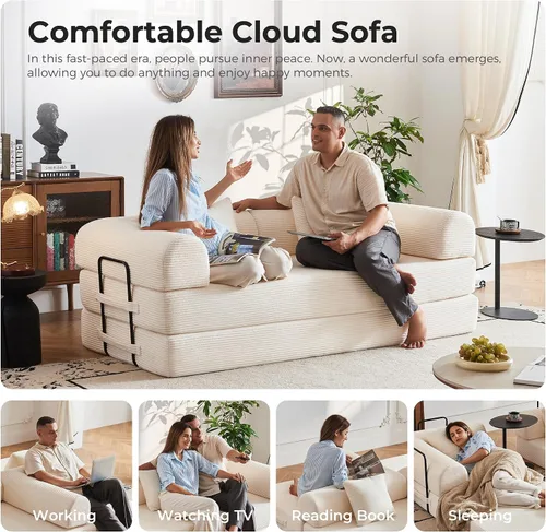 Miniatura 8 de Sofá cama convertible de pana de 79 pulgadas, sofá cama de asiento profundo, sofá cama con cama extraíble, sofá modular para piso de apartamento