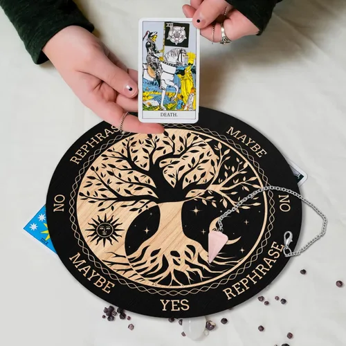 Miniatura 6 de INFUNLY Tablero de péndulo de bruja árbol de la vida, tablero redondo de adivinación de madera de 7.9 pulgadas, tablero de mensajes metafísicos