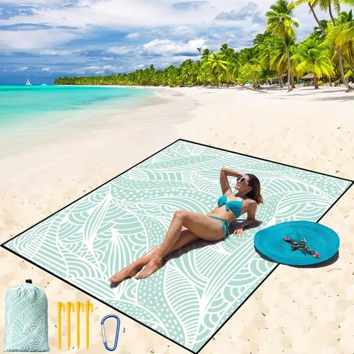 Miniatura 41 de WIWIGO Manta de playa impermeable a prueba de arena tapete de playa 79" X 83"/10'x9' para 2-8 adultos, de secado rápido, tapete de picnic al aire
