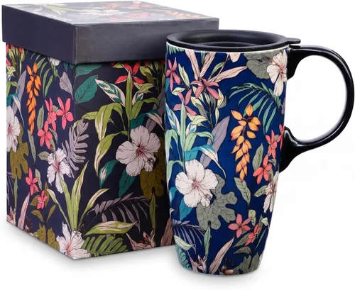 Miniatura 15 de DUSVALLY Juego de 2 tazas de café de cerámica de 17 onzas con tapa, tazas de café de viaje florales para oficina en casa, aptas para microondas