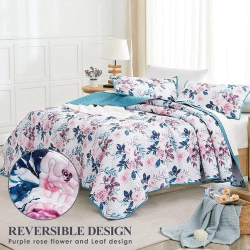 Miniatura 4 de WRENSONGE Colcha floral tamaño Queen – Juego de ropa de cama reversible de flores botánicas, colcha ligera y suave para todas las estaciones