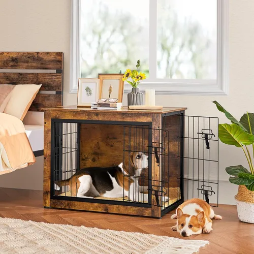 Miniatura 8 de Yaheetech 32" Mesa auxiliar de jaula para perros con cojín, jaula de madera para perros con puertas dobles/pies ajustables, mesa auxiliar lateral