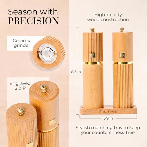 Miniatura 4 de Styled Settings Juego de Molinillos de Sal y Pimienta de Madera con Detalles Dorados – Juego de Molinillos de Sal y Pimienta Manual de Madera Madera