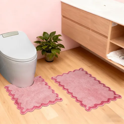 Miniatura 11 de ORTIGIA Pequeña y Linda Alfombra de Baño con Volados, Alfombras de Baño de Microfibra de Lujo en Blanco y Rosa, Antideslizante, Lavable, de Secado
