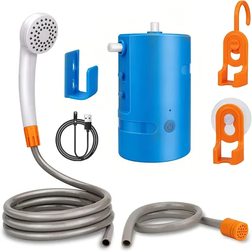 Miniatura 11 de Ducha portátil para campamento, 4400 mAh, recargable por USB, IPX7, impermeable, bomba de ducha con batería + cubo plegable para campamento Negro