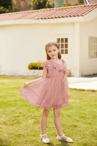 Miniatura 5 de GRACE KARIN Vestido de verano para niñas, vestido de verano con un hombro y manga con volantes, vestido casual
