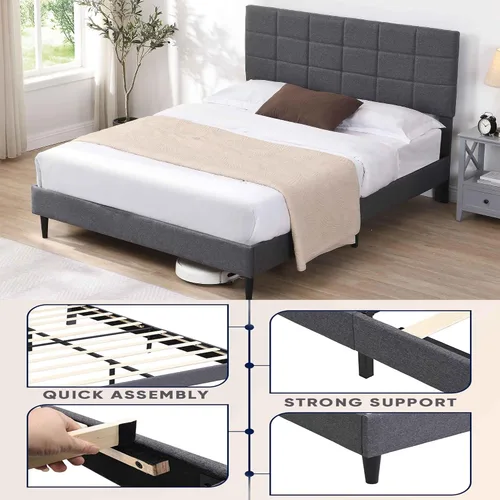 Miniatura 4 de Base de cama Queen con cabecera de tela, marco de cama tapizado, marco de cama resistente con soporte de listones de madera, base de colchón,