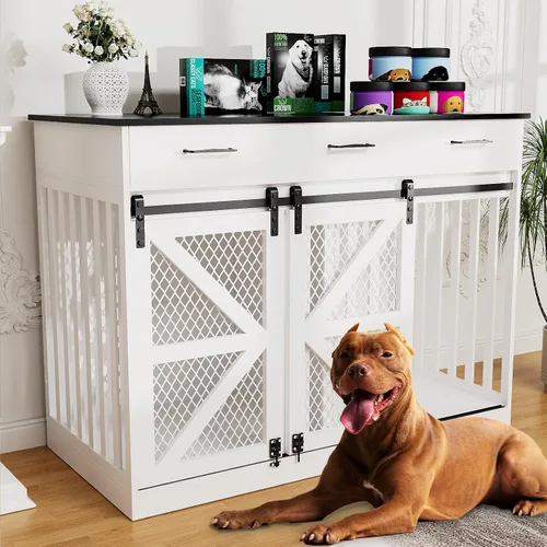 Miniatura 11 de kepptory Caja grande para perros de 48 pulgadas con 3 cajones de almacenamiento, perrera de madera con divisor removible, mesa auxiliar de perrera